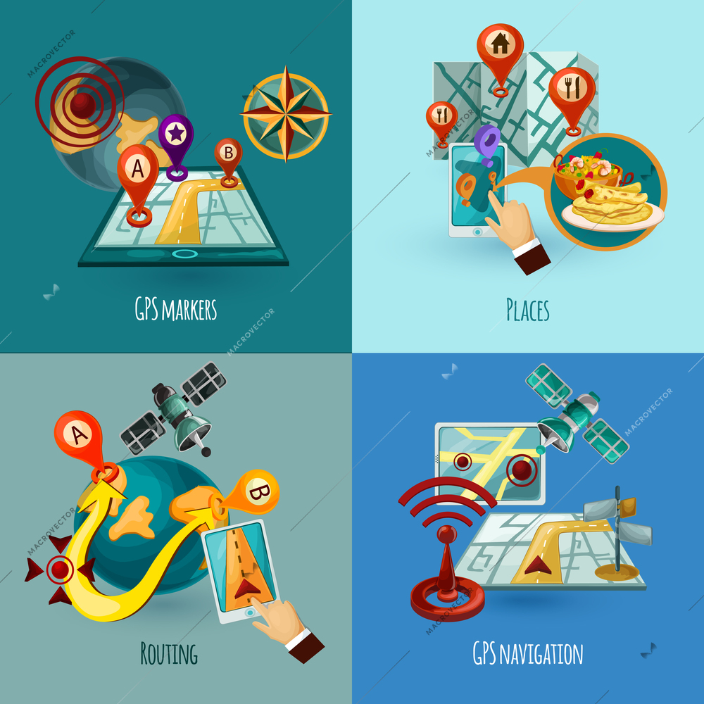 Navigation design concept set with gps markers places routing cartoon icons isolated vector illustration