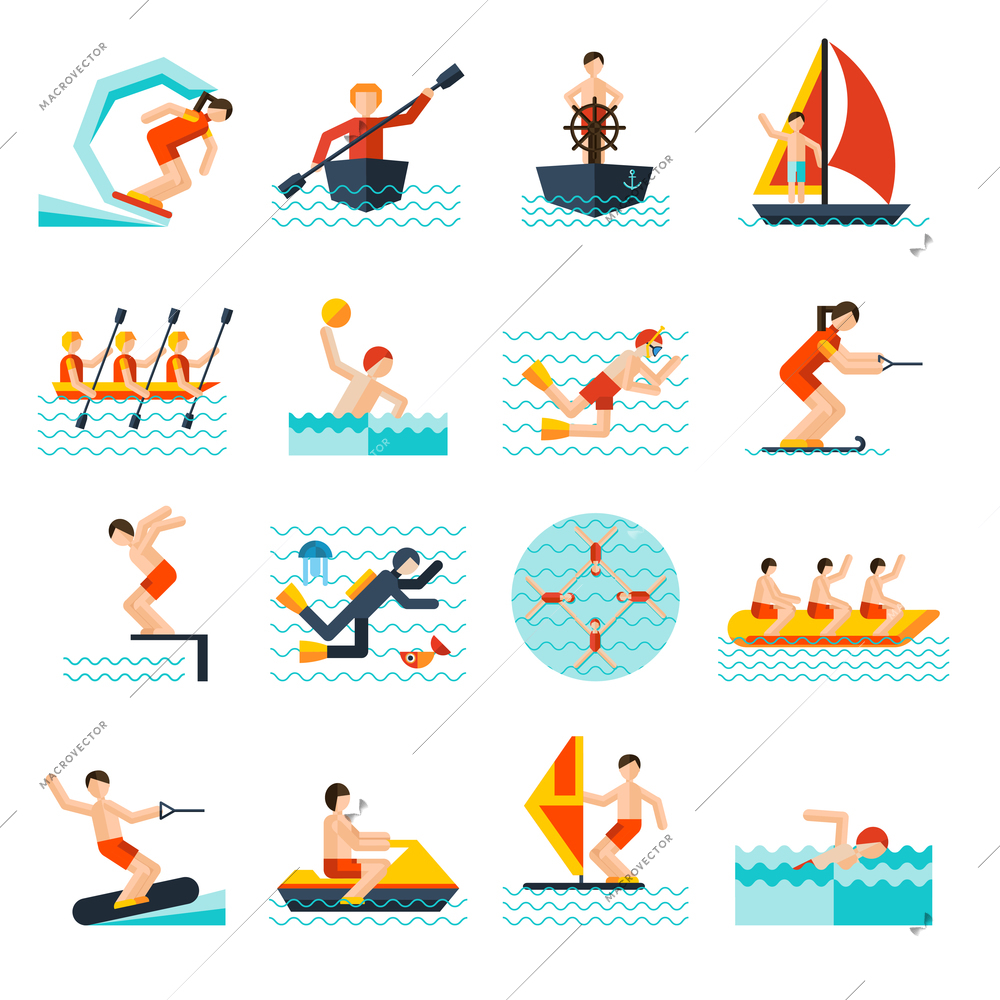 Water sports flat icons set with kite sailing canoe isolated vector illustration