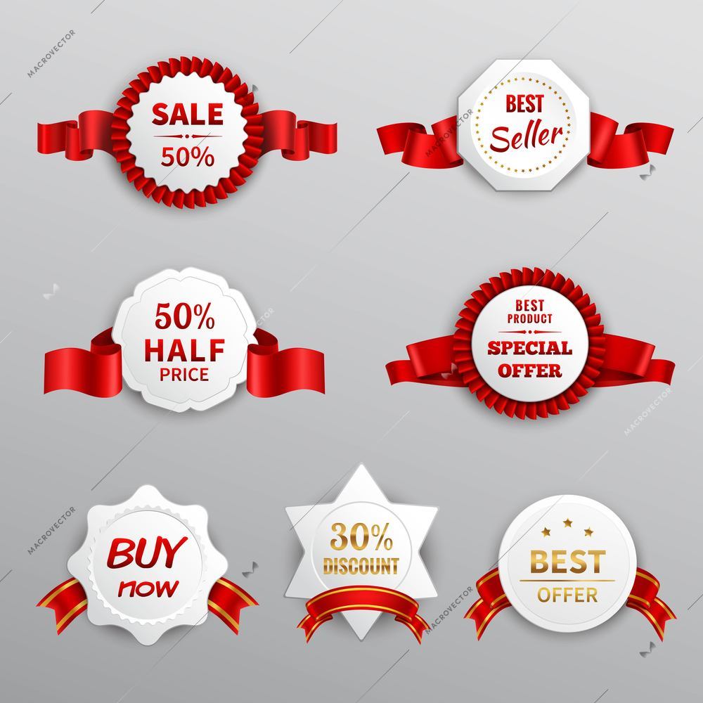 Paper sale business promotion labels set with red ribbons isolated vector illustration