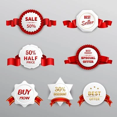 Paper sale business promotion labels set with red ribbons isolated vector illustration