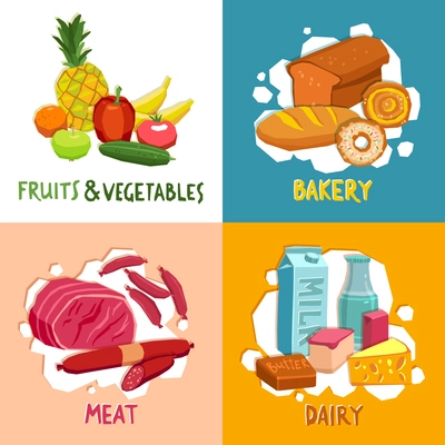 Supermarket design concept set with bakery meat dairy fruits and vegetables isolated vector illustration