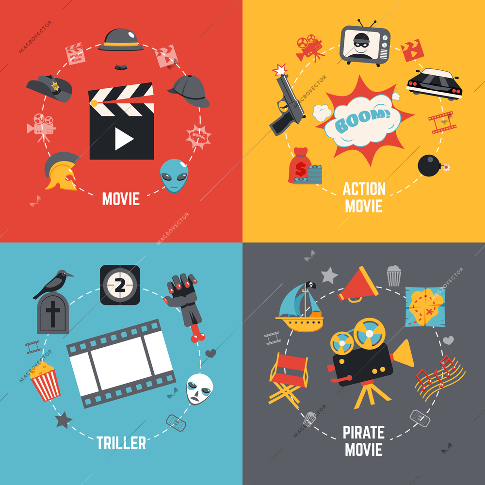 Film design concept set with action pirate movie triller flat icons isolated vector illustration