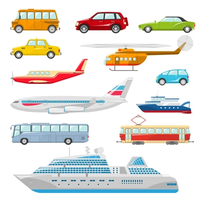 Transport icons flat set with taxi bus helicopter tram ship isolated vector illustration