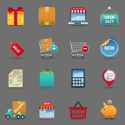 Shopping cash and online purchase and sale cartoon icons set on grey background shadow isolated vector illustration