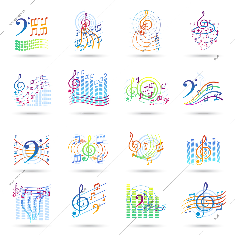 Music notes bass and treble clefs and staves shadow icons set isolated vector illustration