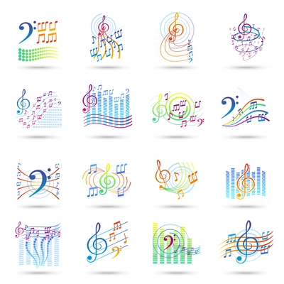 Music notes bass and treble clefs and staves shadow icons set isolated vector illustration