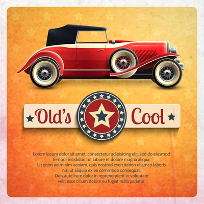 Retro car poster with vintage red cabriolet auto vector illustration