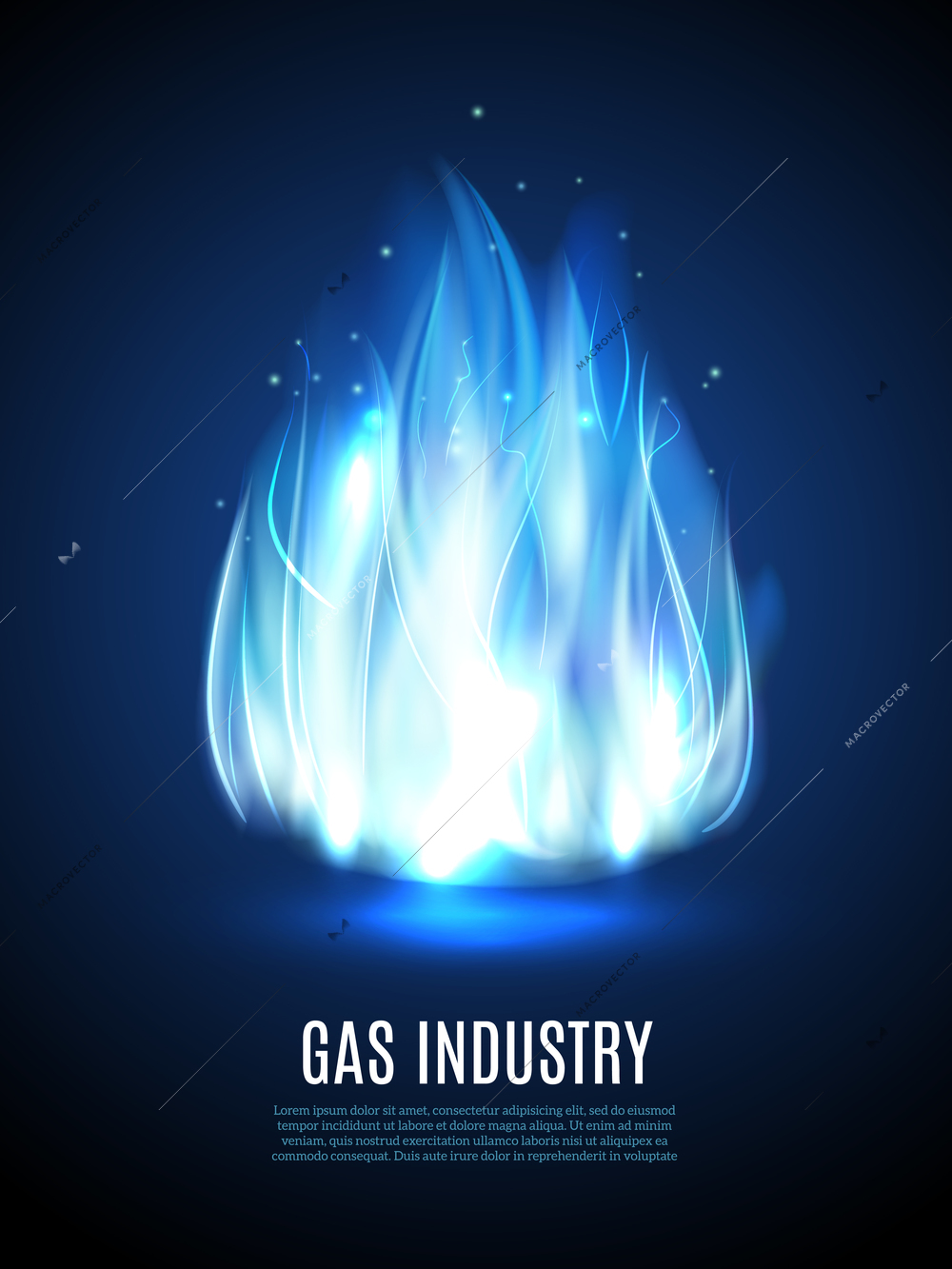 Blue fire flame on dark background with gas industry text vector illustration