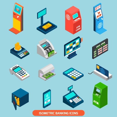 Isometric banking icons set with atm and cash machines isolated vector illustration