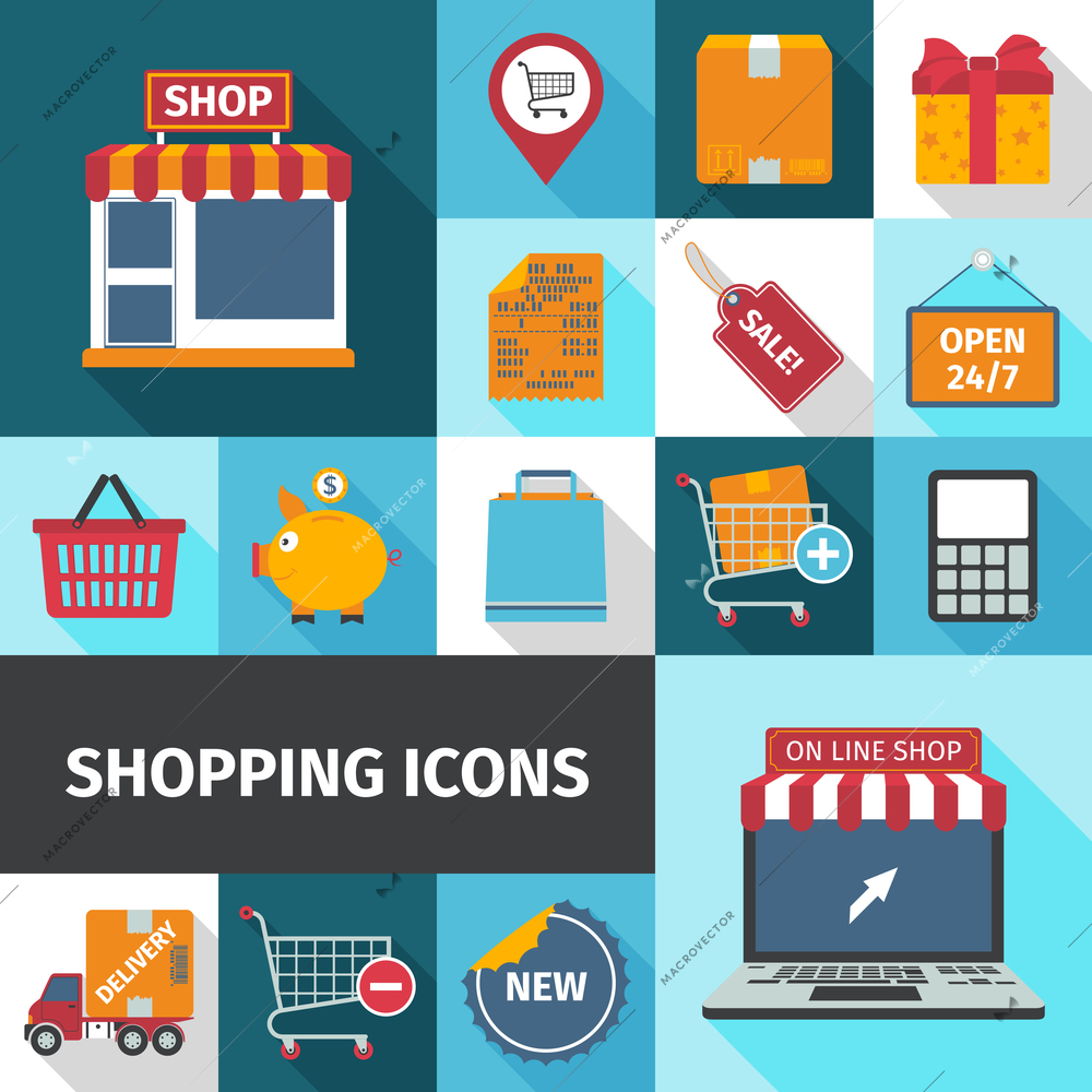 Shopping square cash and online icons set flat shadow isolated vector illustration