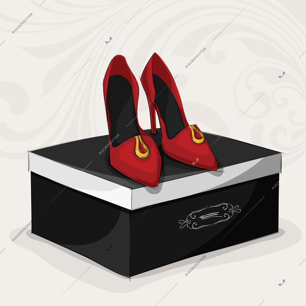 Fashion woman's red shoes on high heels on black luxury gift box vector illustration