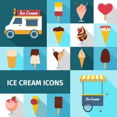 Ice cream selling waffles chocolate and fruit square icons set flat shadow isolated vector illustration