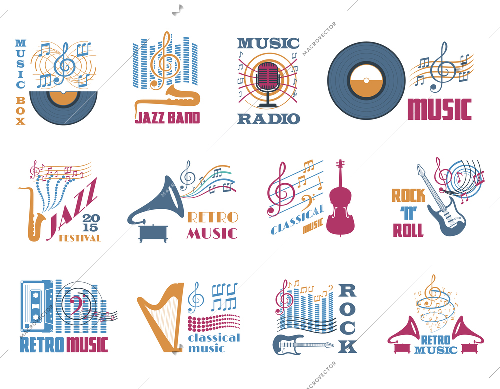 Retro music classical jazz and rock flat emblems set isolated vector illustration