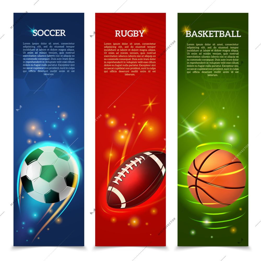 Sport vertical banners set with glowing soccer rugby and basketball balls isolated vector illustration