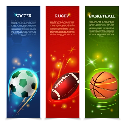 Sport vertical banners set with glowing soccer rugby and basketball balls isolated vector illustration