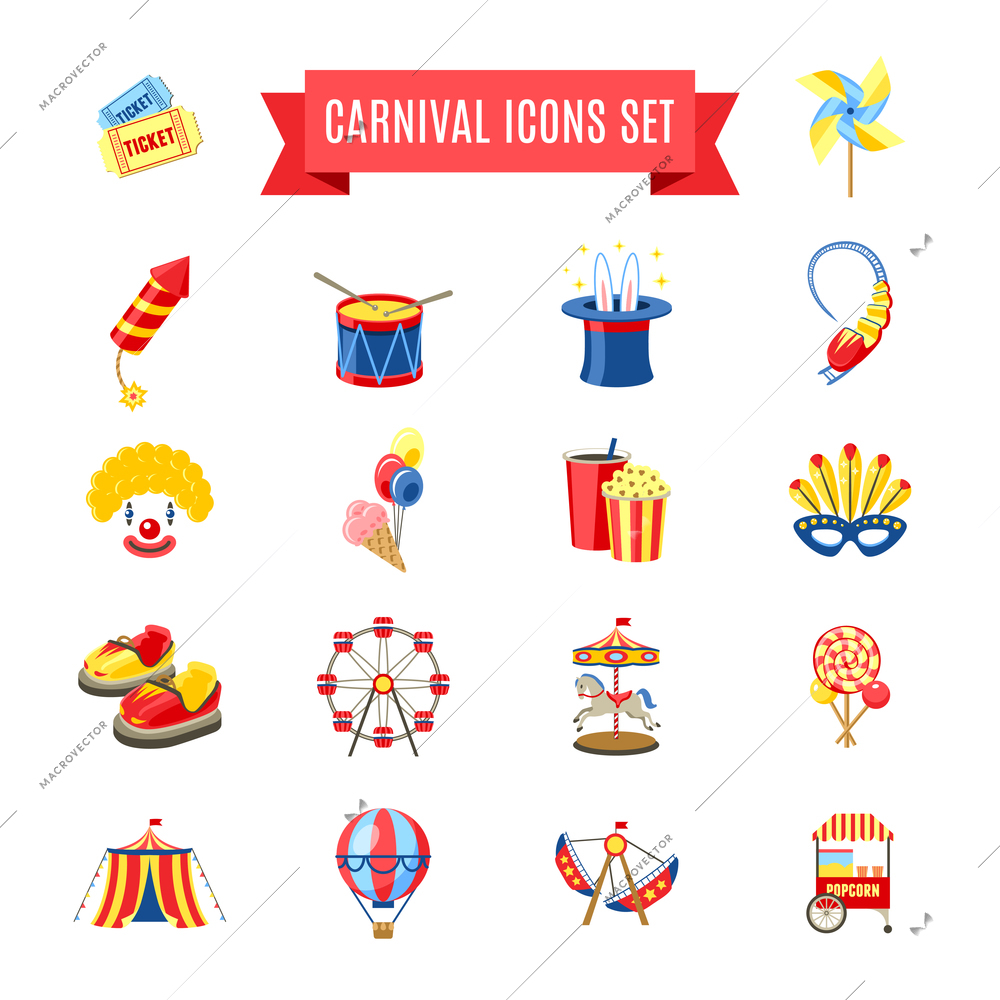 Carnival fairgound and attractions park icons set isolated vector illustration