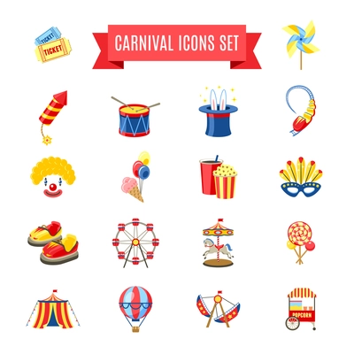 Carnival fairgound and attractions park icons set isolated vector illustration