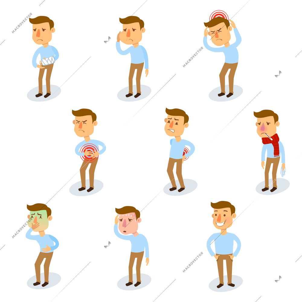 Sick characters set with healthy adult and people with illnesses isolated vector illustration