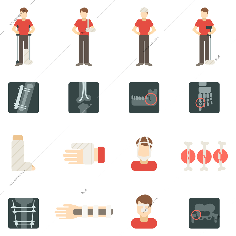 Fracture bone flat icons set with people silhouettes skeleton x-ray isolated vector illustration