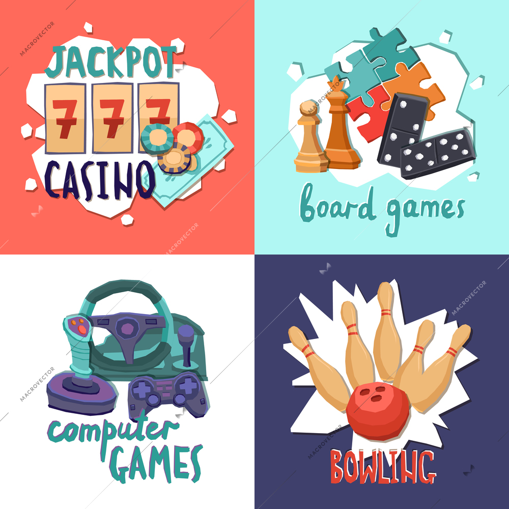 Game design concept with casino computer board games and bowling isolated vector illustration