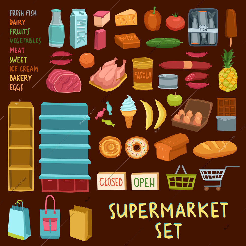 Supermarket icon set with fish dairy meat bakery fruits vegetables ice cream shopping cart basket isolated vector illustration