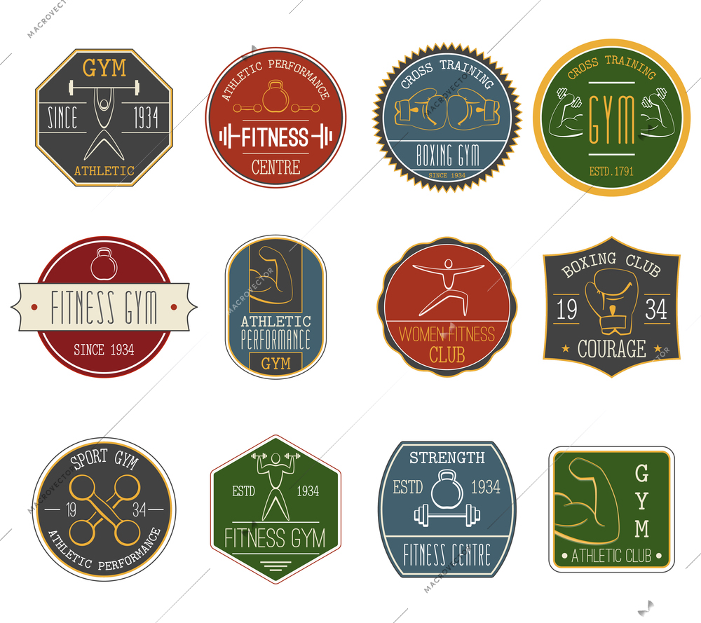 Fitness and sports athletic performance vintage labels set flat isolated vector illustration