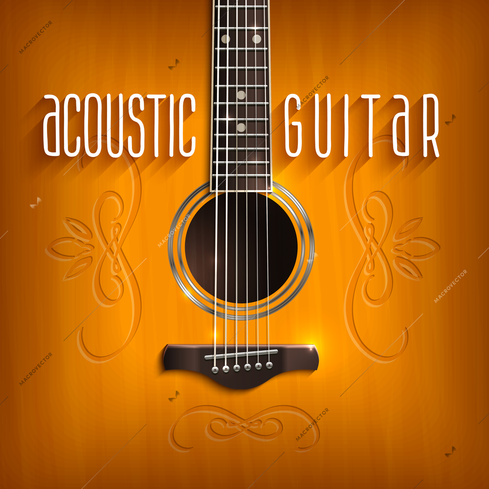 Music background with brown acoustic guitar with ornament vector illustration