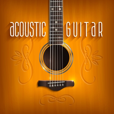 Music background with brown acoustic guitar with ornament vector illustration