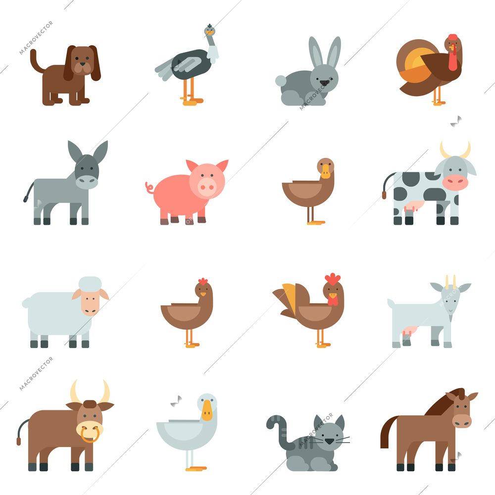 Domestic animal flat icons set with dog rabbit donkey isolated vector illustration