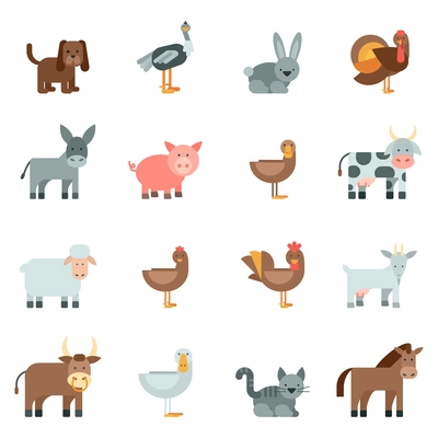 Domestic animal flat icons set with dog rabbit donkey isolated vector illustration