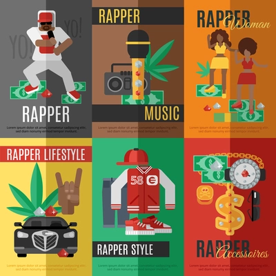 Rap music mini poster set with rapper style clothing and accessories isolated vector illustration