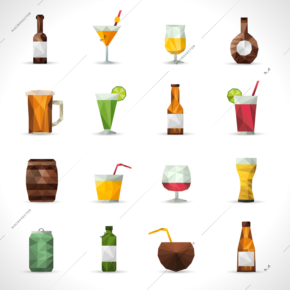 Alcohol drinks polygonal icons set with beer bottle cocktail glass isolated vector illustration