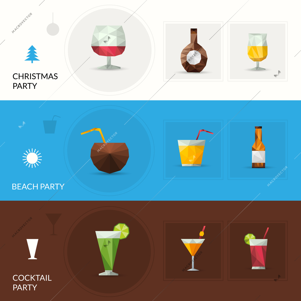 Drinks horizontal banner set with christmas beach cocktail party elements isolated vector illustration
