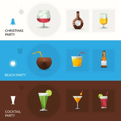 Drinks horizontal banner set with christmas beach cocktail party elements isolated vector illustration