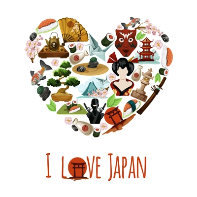 Love japan poster with oriental symbols in heart shape vector illustration