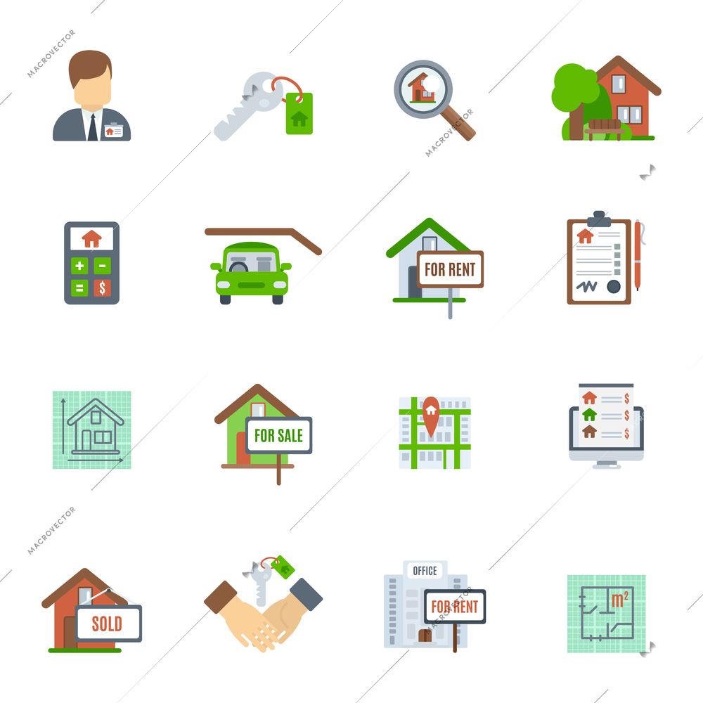 Real estate searching choosing and valuation flat icon set isolated vector illustration