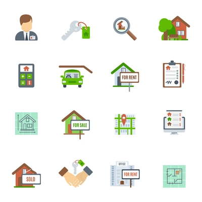 Real estate searching choosing and valuation flat icon set isolated vector illustration