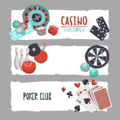 Game design horizontal banner set with casino bowling ping-pong darts pool and poker isolated vector illustration