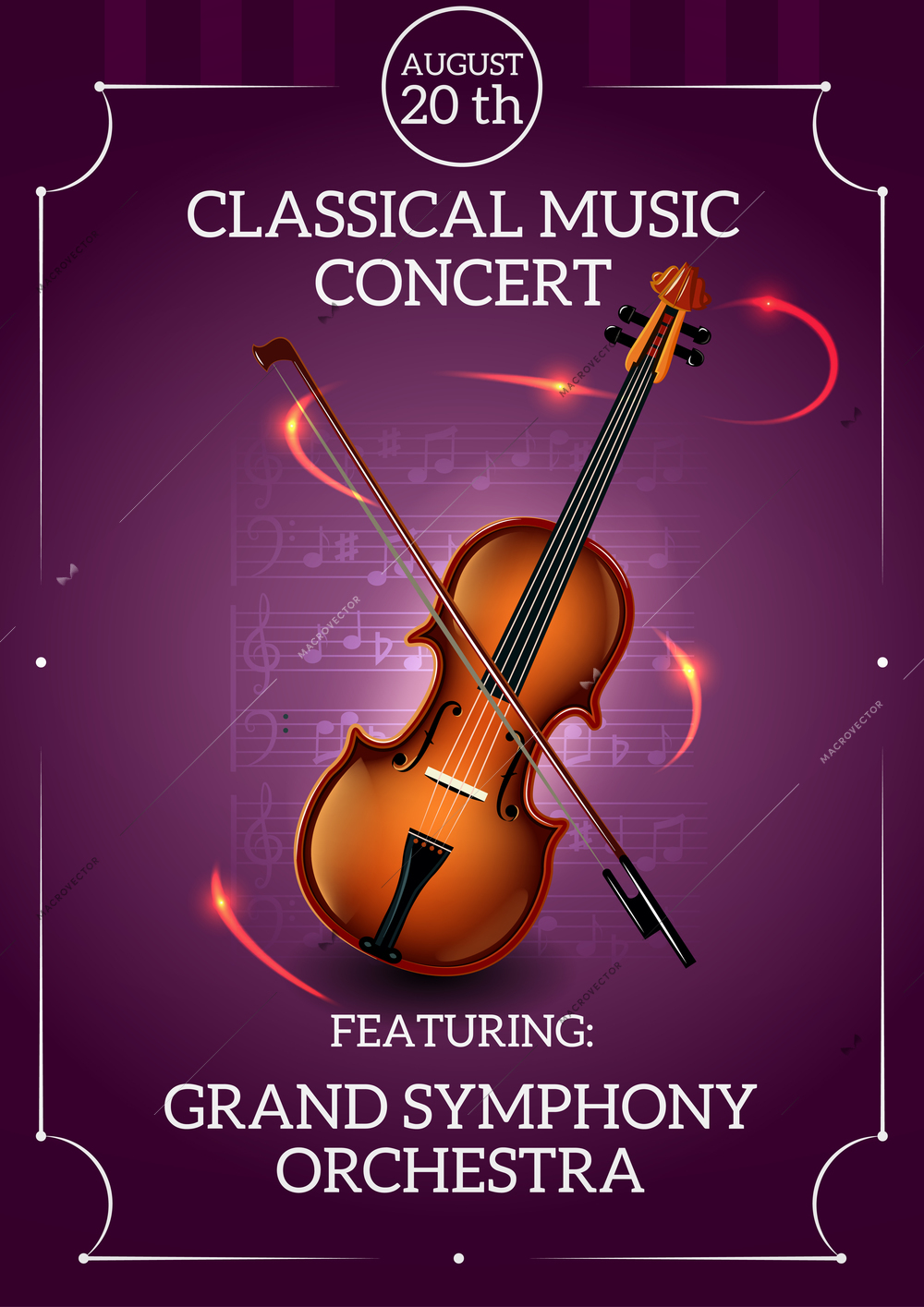 Classic music concert poster with violin and bow vector illustration