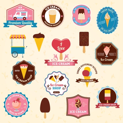 Ice cream premium quality and best in town shop emblems set flat isolated vector illustration