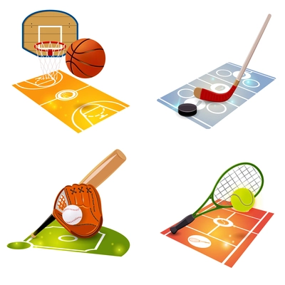 Sport equipment concept set with basketball hockey baseball and tennis accessories isolated vector illustration