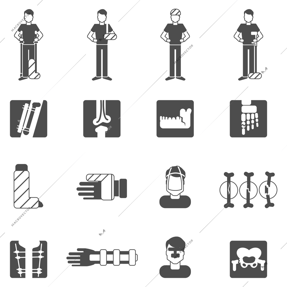 Fracture bone black icons set with human anatomy and healthcare symbols isolated vector illustration