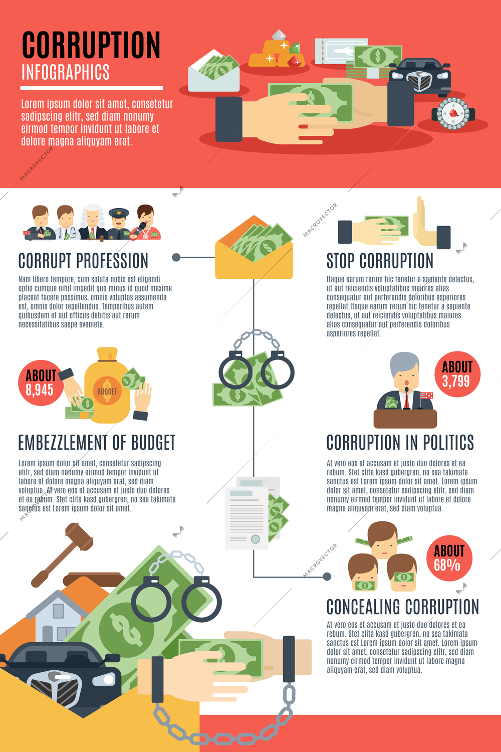 Corruption infographics set with business government discrimination symbols vector illustration