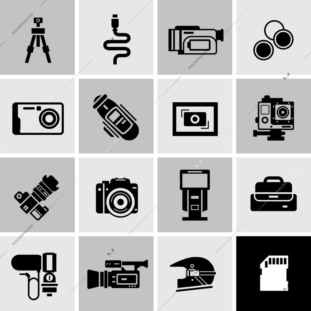 Camera icons black set with digital photo technique and equipment isolated vector illustration