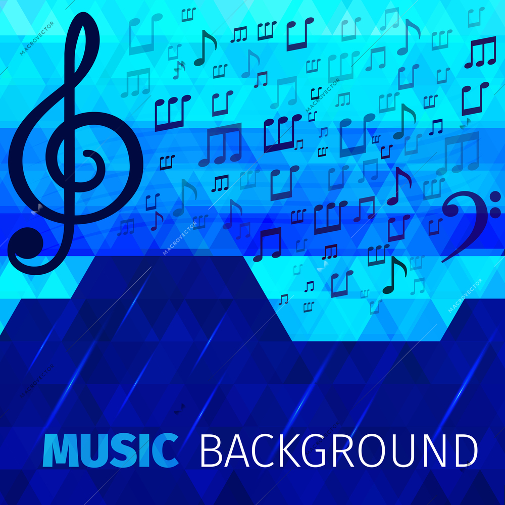 Music abstract notes with bass and treble clefs on blue background vector illustration