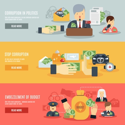Corruption horizontal banner set with corrupt business and politics flat elements isolated vector illustration