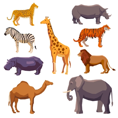 Africa animal decorative set with leopard zebra hippo giraffe camel elephant lion tiger rhino isolated vector illustration