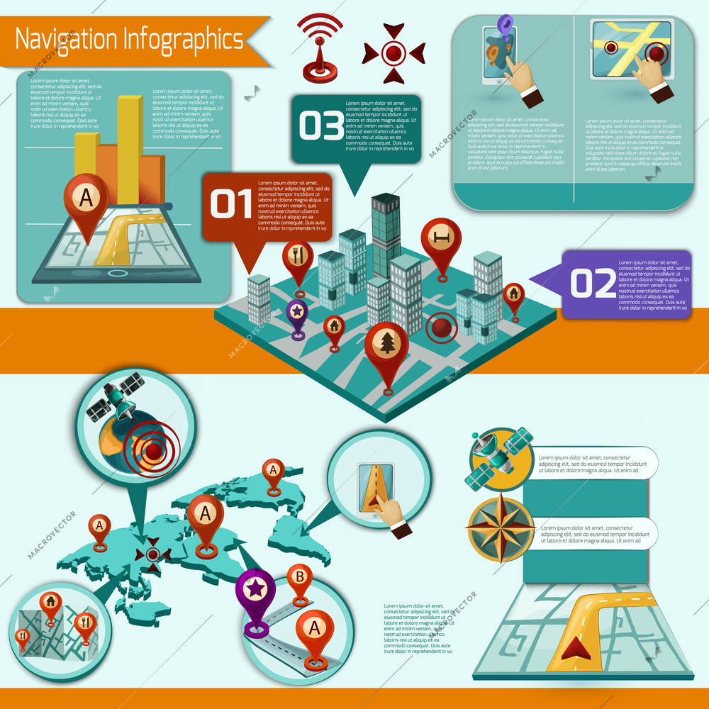 Gps and mobile navigation infographic set with isometric symbols and charts vector illustration