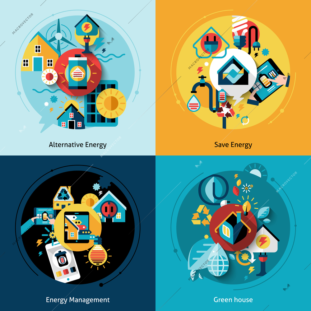 Energy efficiency design concept set with alternative power management flat icons isolated vector illustration