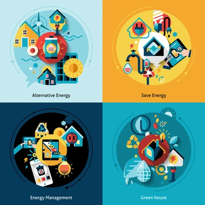 Energy efficiency design concept set with alternative power management flat icons isolated vector illustration